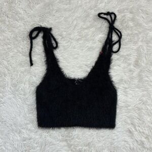 Goth Emo Punk Dark Fairy Black fuzzy tie up crop top